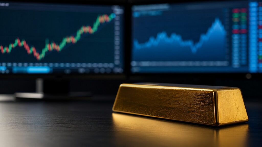 A gold bar resting on a dark desk in front of two monitors displaying financial market charts, illustrating the relationship between physical gold and digital financial systems.