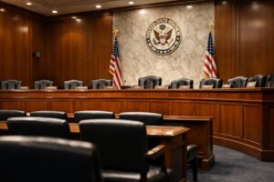 Empty United States Senate committee hearing room with name placards and American flags