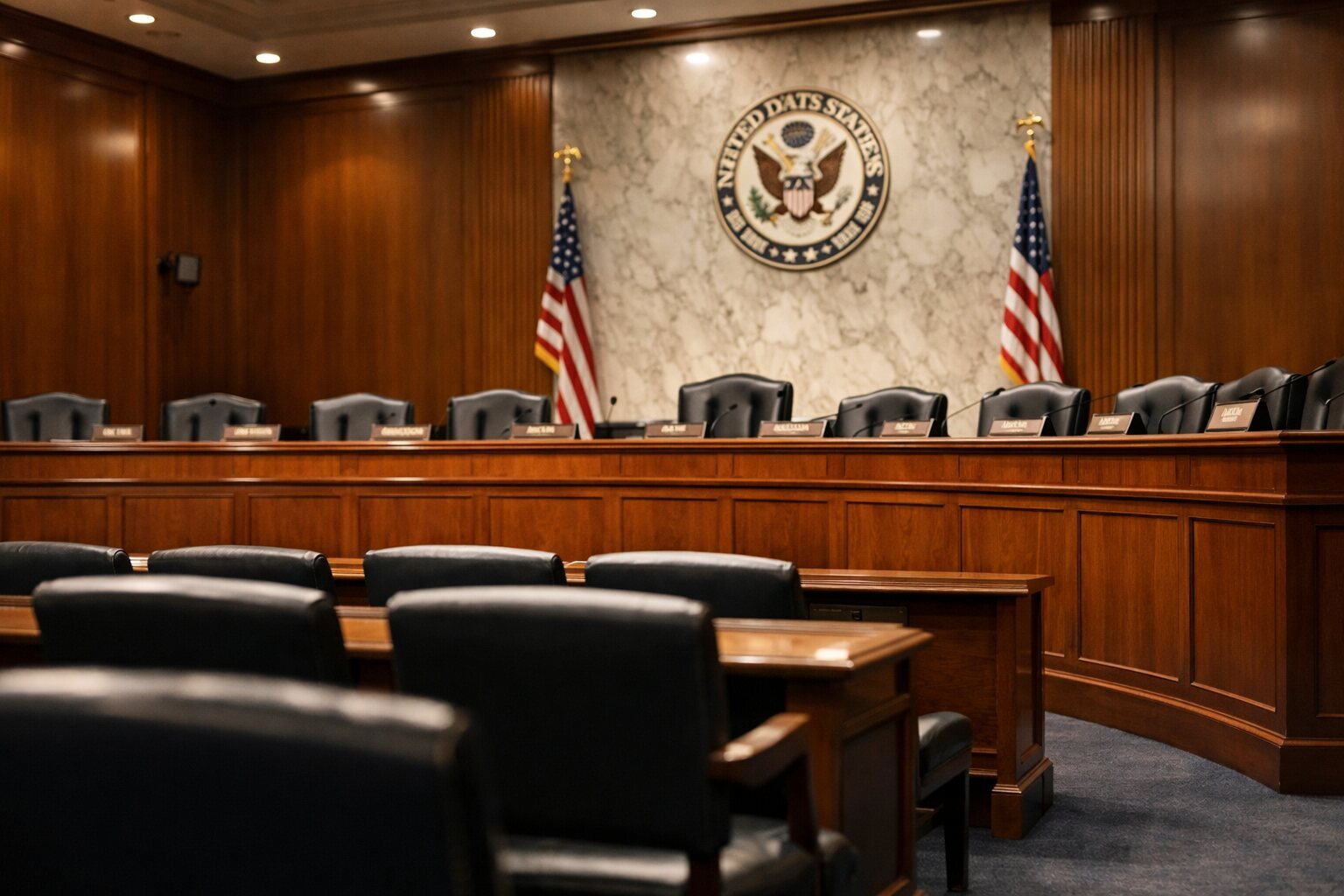 Empty United States Senate committee hearing room with name placards and American flags