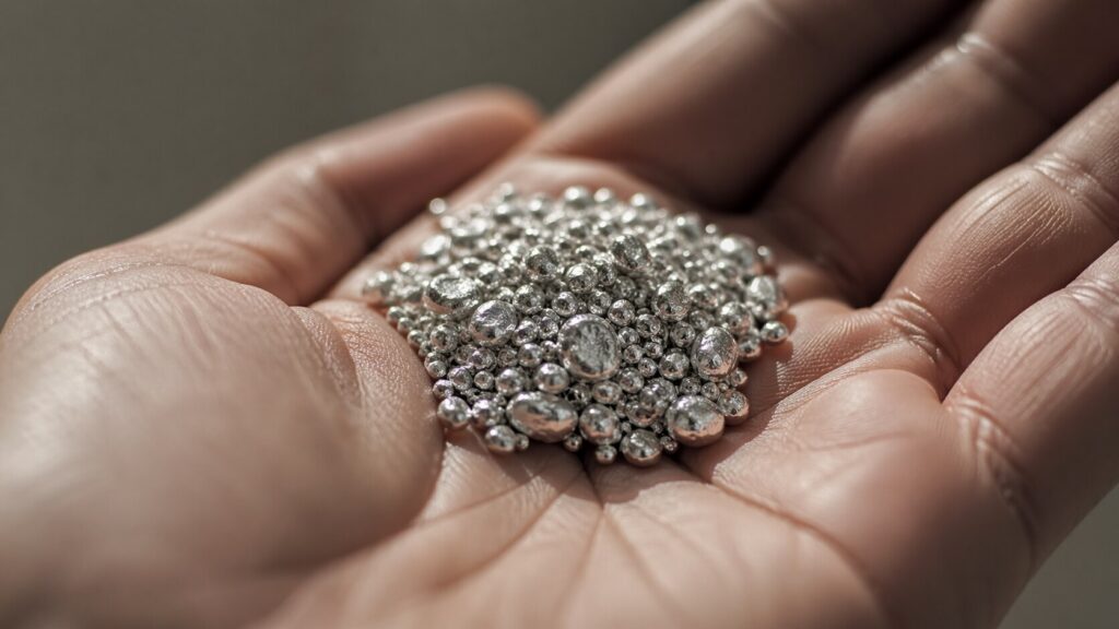 Raw silver granules held in an open palm, illustrating industrial silver supply