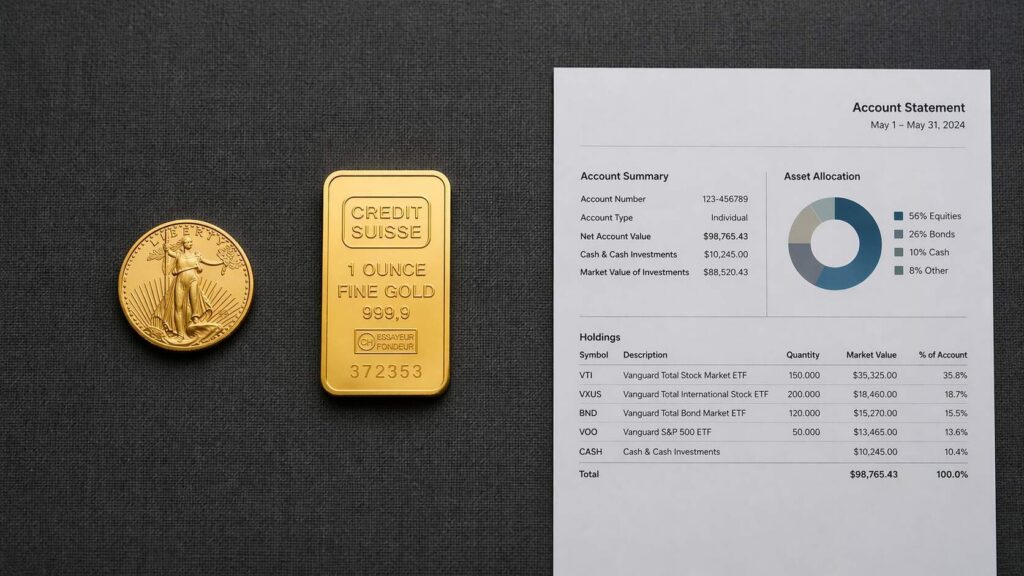 A 1-oz American Gold Eagle coin and a Credit Suisse 1-ounce fine gold bar (999.9) displayed alongside a printed brokerage account statement on a dark charcoal linen surface