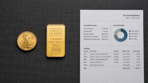 A 1-oz American Gold Eagle coin and a Credit Suisse 1-ounce fine gold bar (999.9) displayed alongside a printed brokerage account statement on a dark charcoal linen surface
