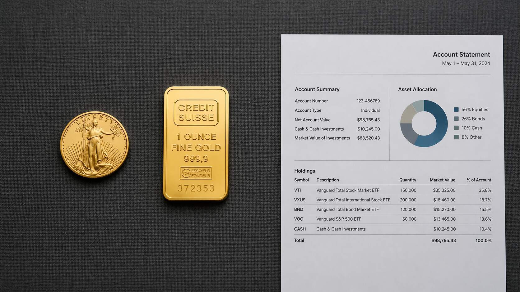 A 1-oz American Gold Eagle coin and a Credit Suisse 1-ounce fine gold bar (999.9) displayed alongside a printed brokerage account statement on a dark charcoal linen surface