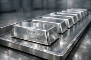 Silver bars stamped 999.9 fine on a storage tray