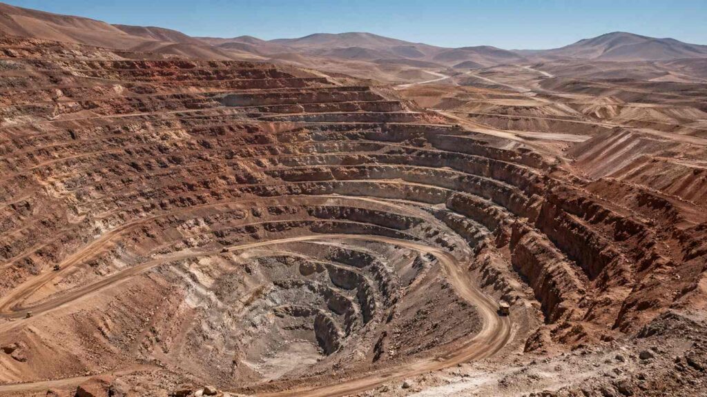 Aerial view of an open-pit copper mine in Chile's Atacama Desert, where sulfuric acid shortages threaten silver byproduct supply