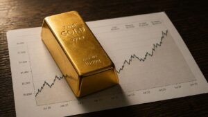 Gold bar resting on a printed price chart showing gold's historical price rise from 2020 to 2025