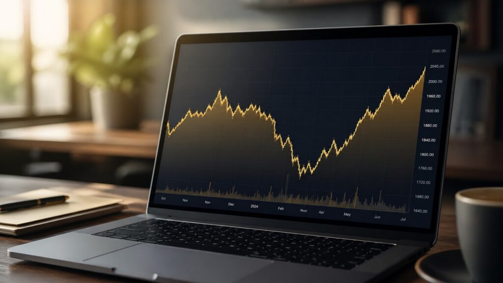 Gold price chart showing a market dip followed by a strong recovery, displayed on a laptop screen