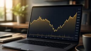 Gold price chart showing a market dip followed by a strong recovery, displayed on a laptop screen