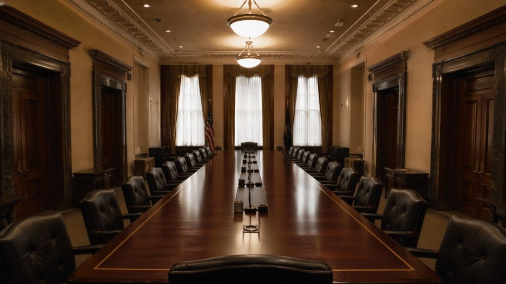 Empty Federal Reserve boardroom with mahogany conference table ahead of April 2026 FOMC meeting