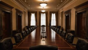 Empty Federal Reserve boardroom with mahogany conference table ahead of April 2026 FOMC meeting