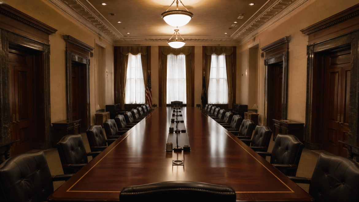 Empty Federal Reserve boardroom with mahogany conference table ahead of April 2026 FOMC meeting