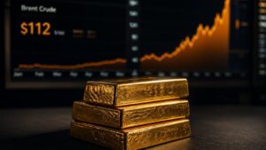 `Gold bars stacked in front of a Brent crude price chart showing $112`
