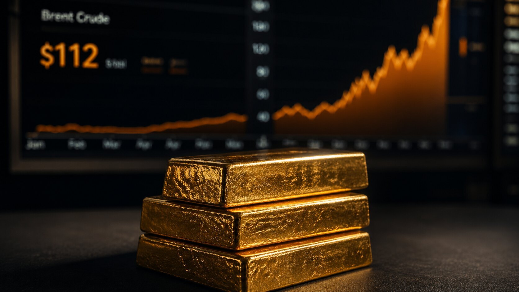 `Gold bars stacked in front of a Brent crude price chart showing $112`