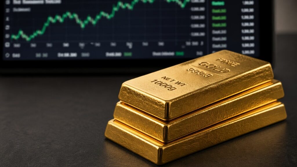 Three gold bullion bars stacked on a dark surface with a financial price chart visible on a screen in the background