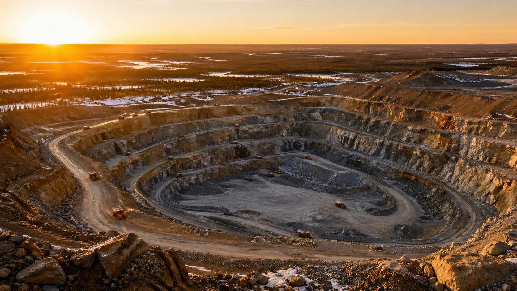 Aerial view of an active open pit gold mine at golden hour, with terraced rock walls, haul trucks, and a flat Arctic landscape stretching to the horizon.