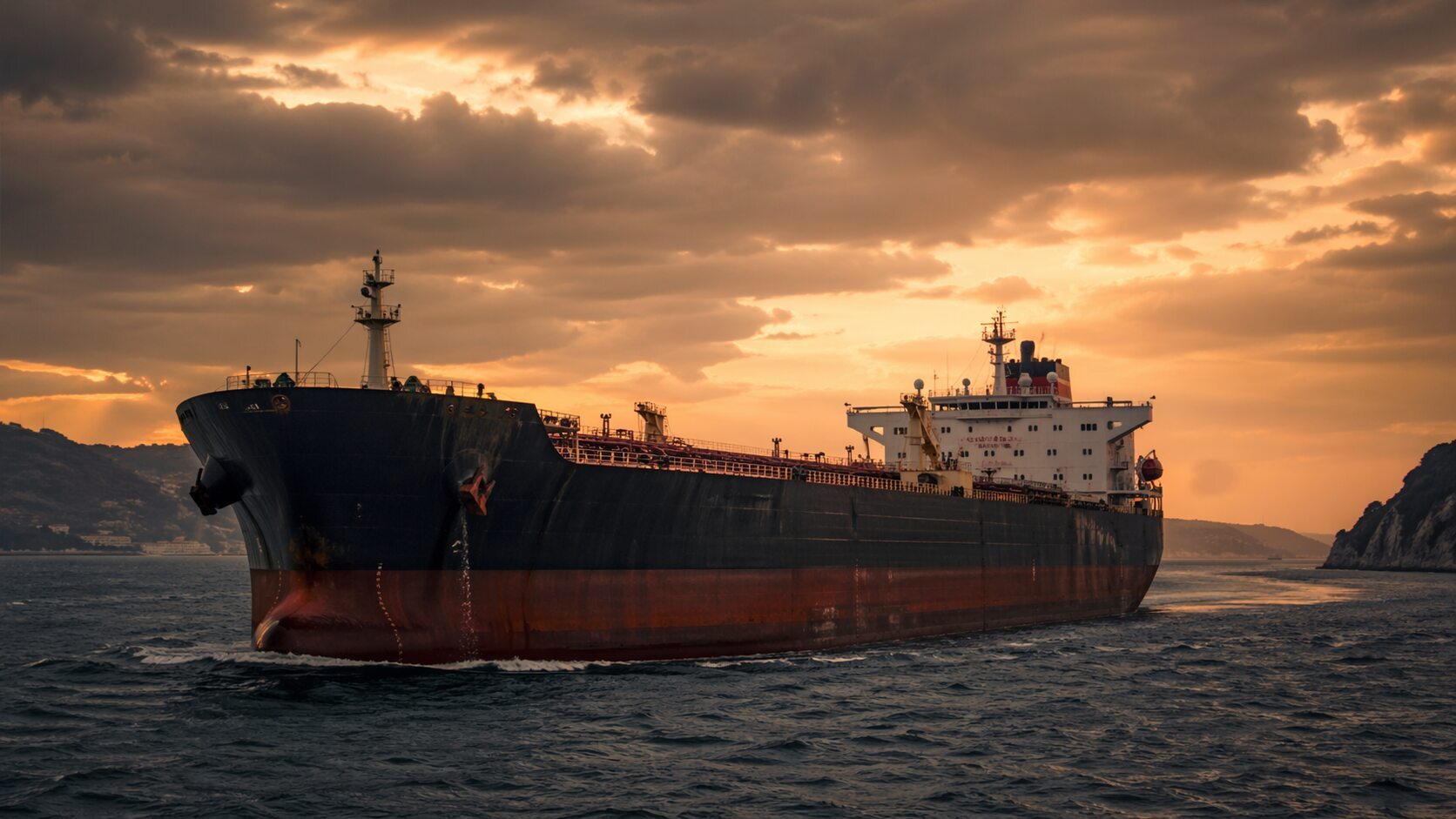 Oil tanker navigating a narrow strait at sunset with dramatic storm clouds — Strait of Hormuz blockade impact on gold prices