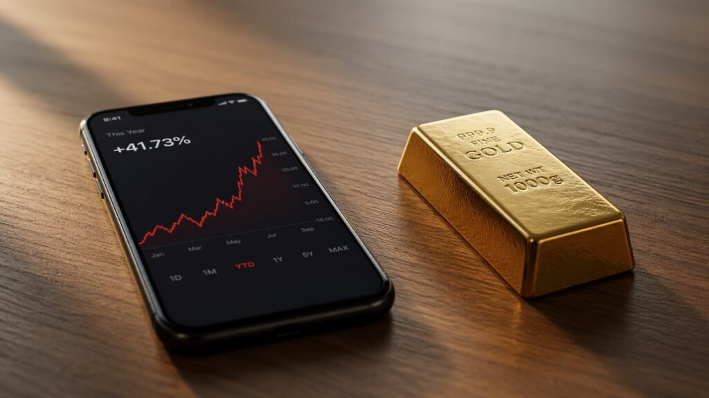 A gold bar and a smartphone showing a rising financial chart on a wooden desk, illustrating gold price performance amid stagflation in April 2026