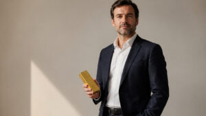 A man in a navy blazer holding a gold bar