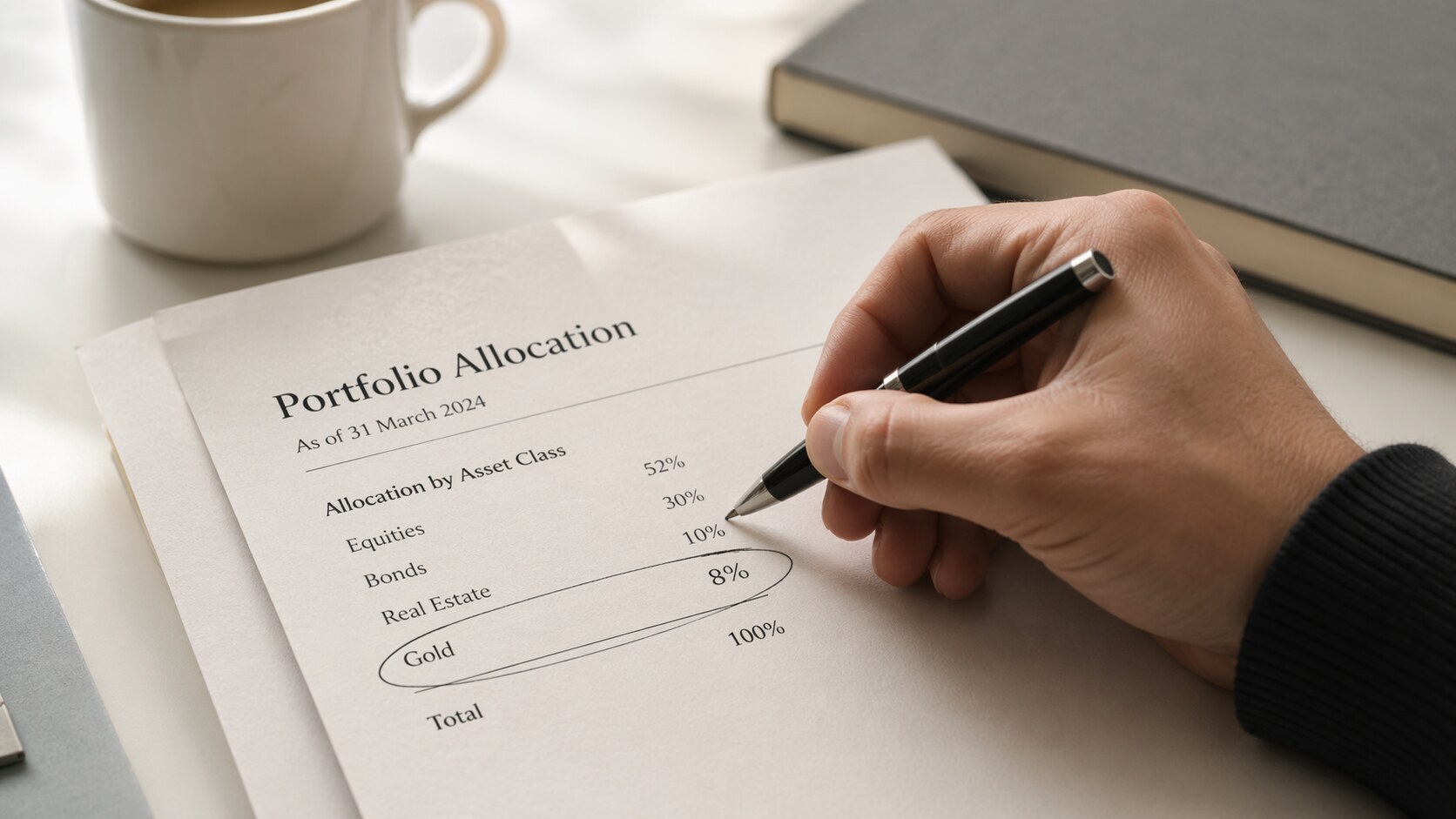 Investor circling gold allocation line item on a portfolio allocation report, with equities, bonds, and real estate also listed
