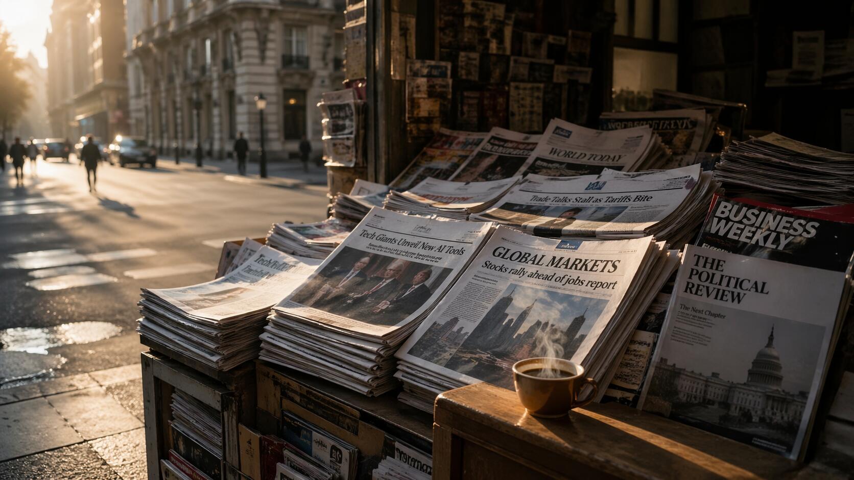 Newspaper stand at sunrise with headlines about global markets, tariffs, and tech — gold structural tailwinds 2026