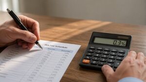 Self-directed precious metals IRA fee schedule reviewed alongside a calculator showing 0.3% annual cost