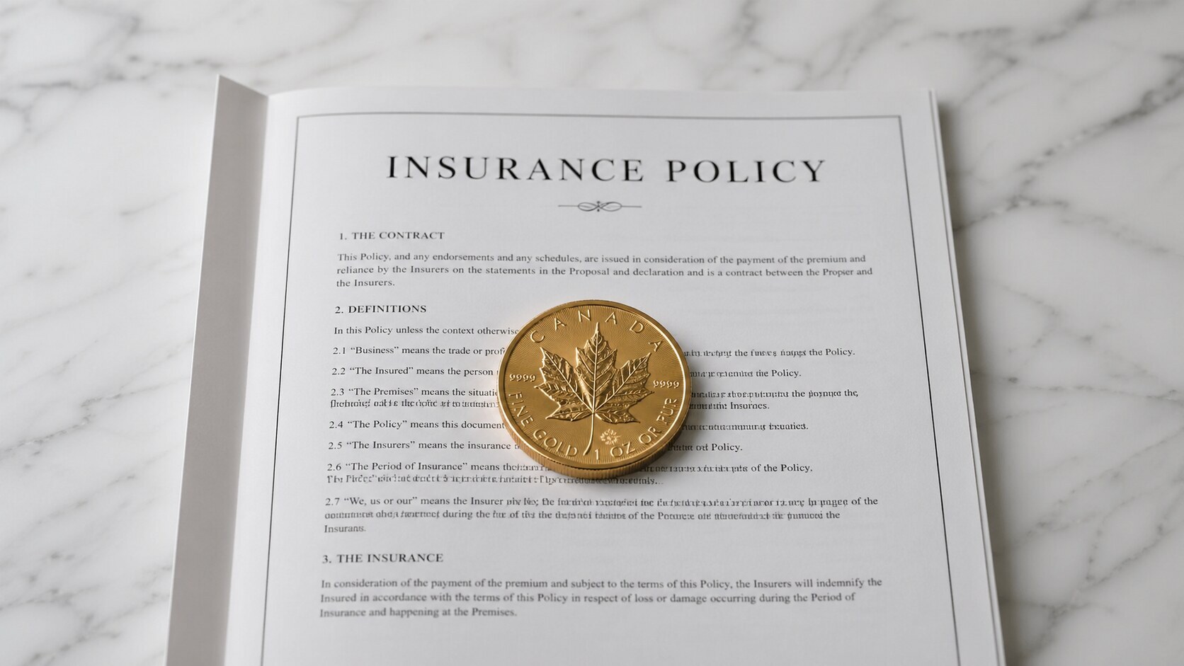 A 1-ounce Canadian Gold Maple Leaf coin resting on an open insurance policy document on a white marble surface, illustrating gold's role as financial insurance against currency debasement and market uncertainty.