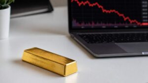 Gold bar on a white desk next to a laptop displaying a red declining price chart