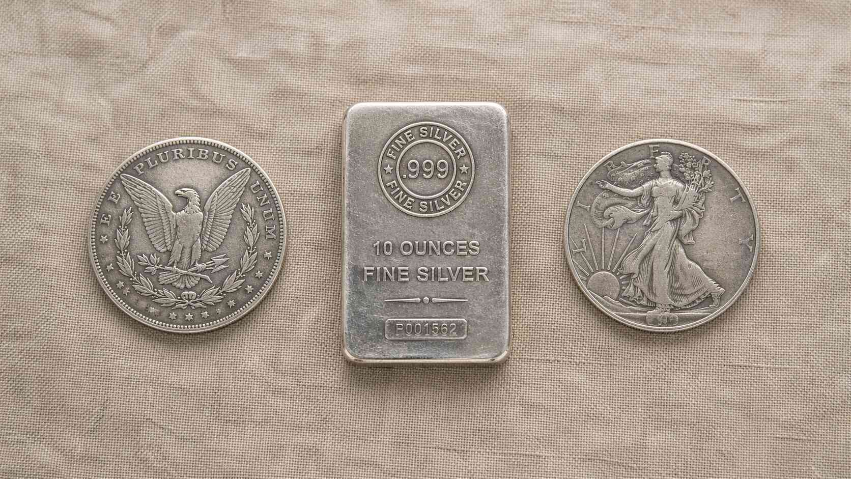 Silver bullion comparison: Morgan dollar coin, 10-ounce .999 fine silver bar, and Walking Liberty half dollar on linen surface