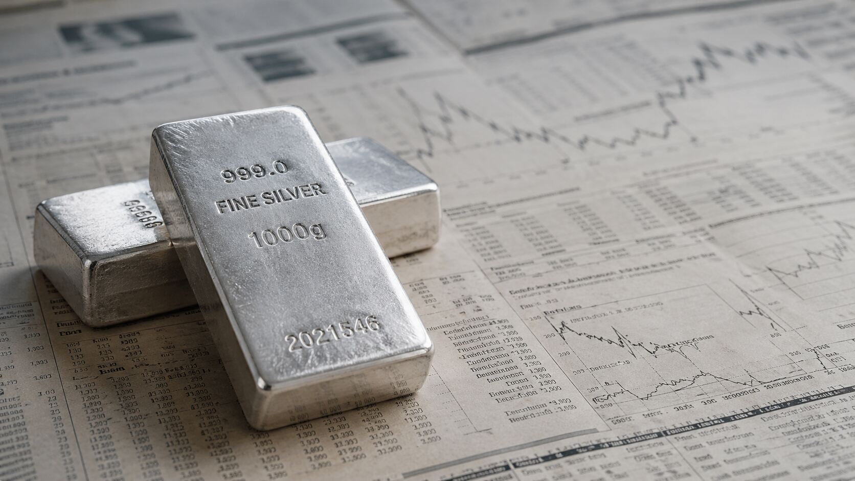 `Two 999.0 fine silver bars resting on printed financial charts and market data`