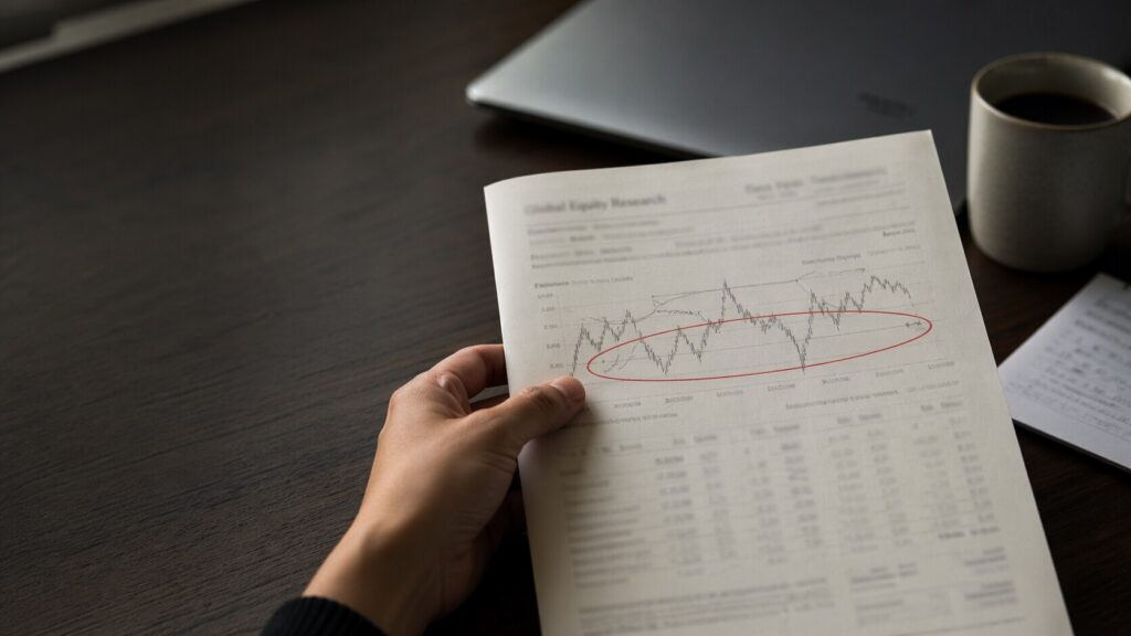 `Hand holding a financial research report with a red circle marking a key price range on a chart, dark walnut desk, coffee mug in background`