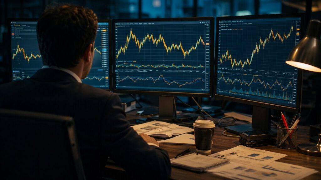 Financial analyst watching gold price charts on multiple trading monitors