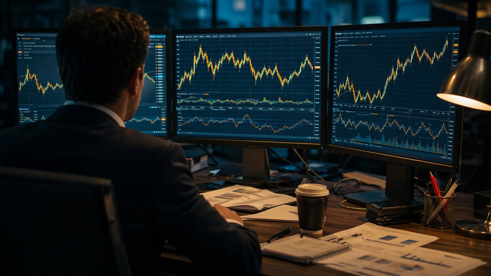 Financial analyst watching gold price charts on multiple trading monitors