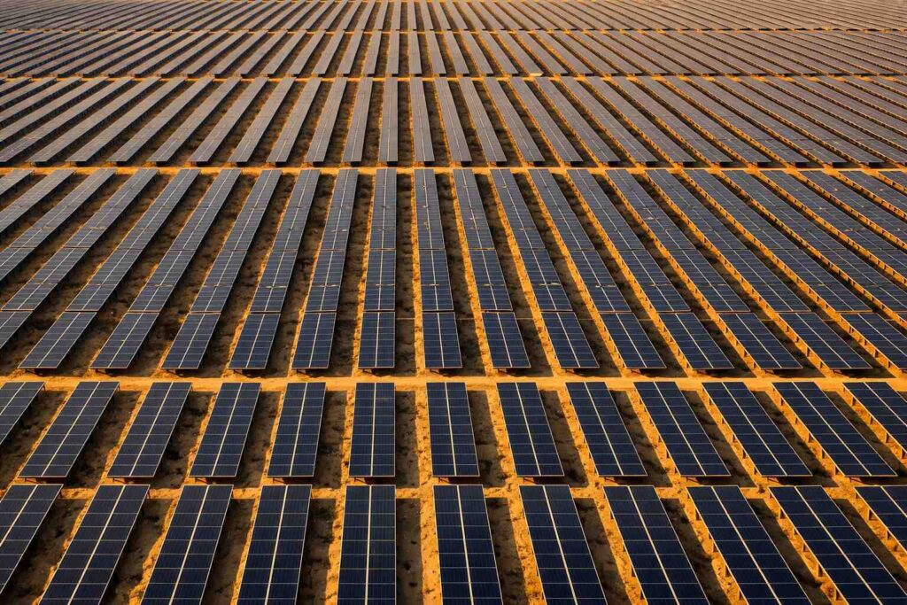 Aerial view of a large-scale solar farm stretching to the horizon at golden hour