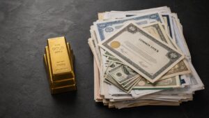 `Gold bars beside a large stack of stock certificates, bonds, and cash — illustrating gold's small share of global wealth compared to competing assets`