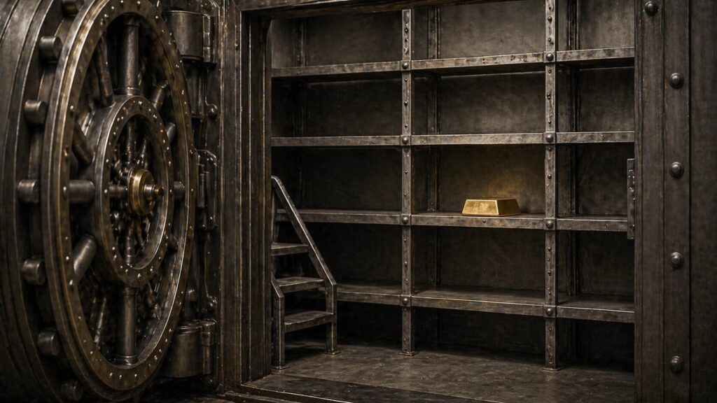 An empty bank vault with a single gold bar on a bare shelf, symbolising the absence of gold backing in the modern fiat currency system.
