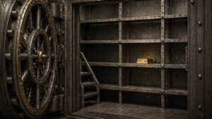 An empty bank vault with a single gold bar on a bare shelf, symbolising the absence of gold backing in the modern fiat currency system.