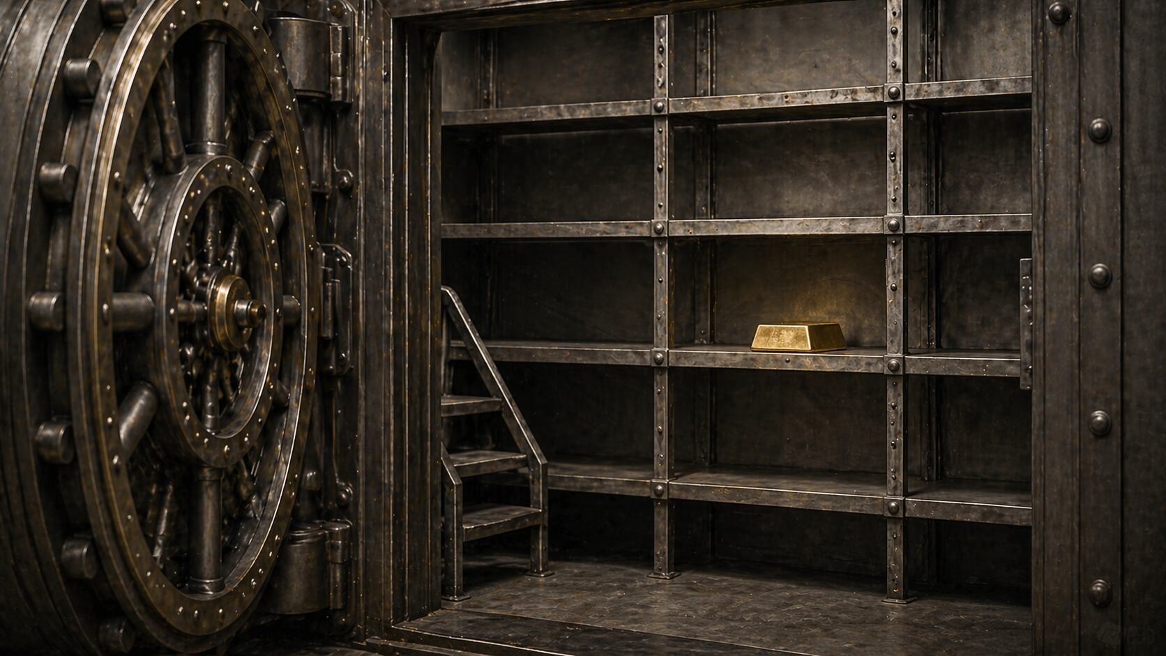 An empty bank vault with a single gold bar on a bare shelf, symbolising the absence of gold backing in the modern fiat currency system.