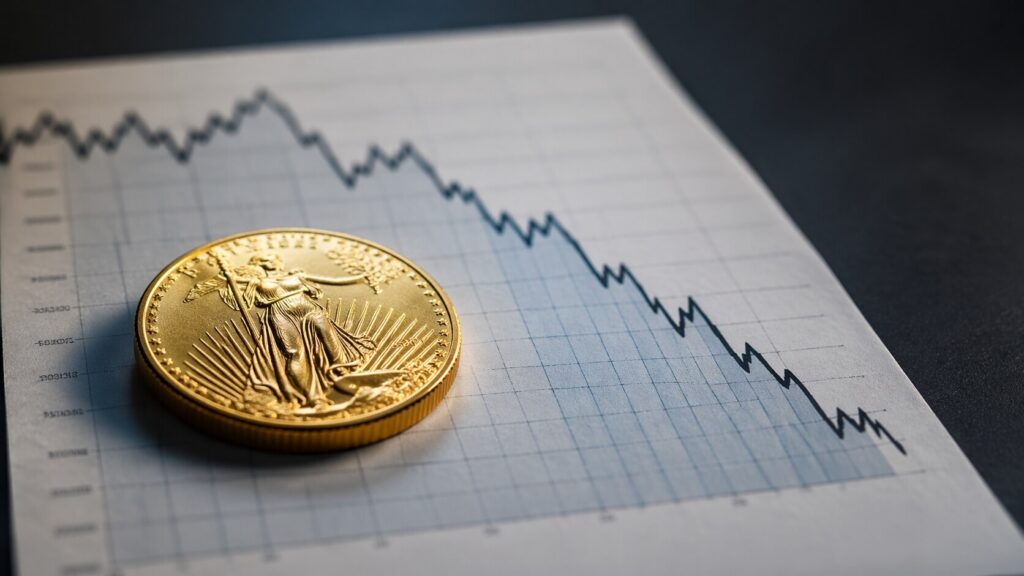 American Gold Eagle coin resting on a printed chart showing a declining gold price during the Iran War