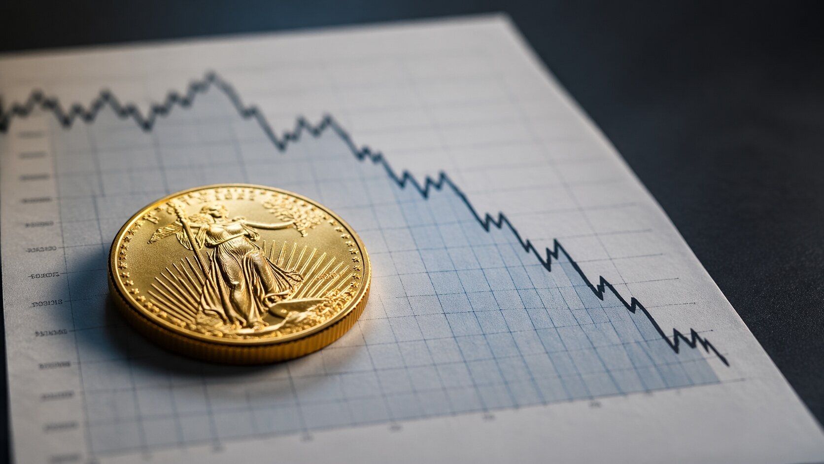 American Gold Eagle coin resting on a printed chart showing a declining gold price during the Iran War