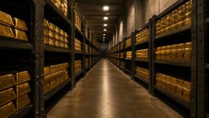 Gold vault corridor lined with stacked gold bars on heavy shelving — BRICS gold-backed currency portfolio strategy