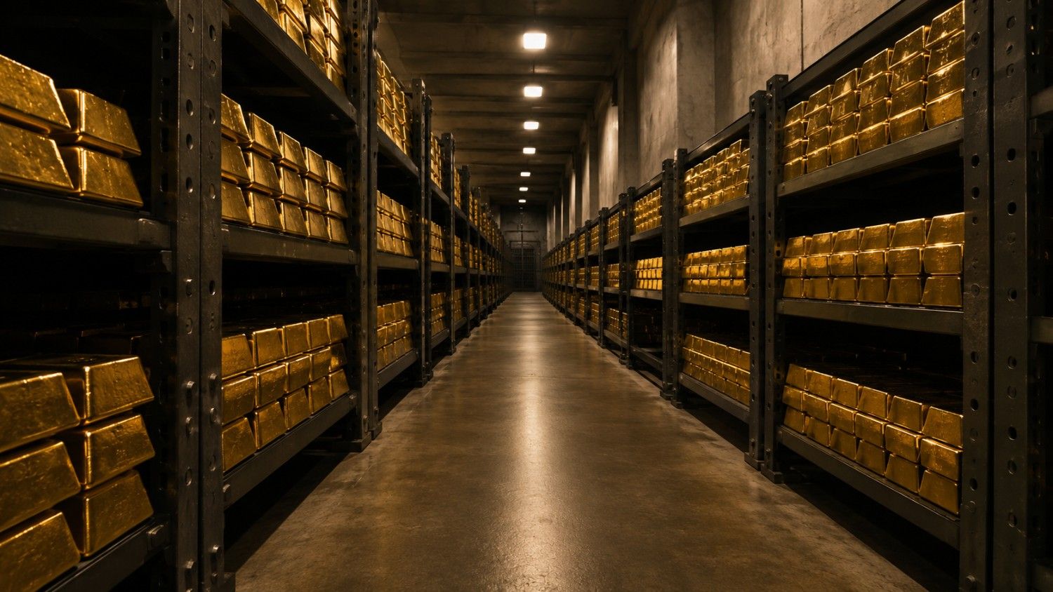 Gold vault corridor lined with stacked gold bars on heavy shelving — BRICS gold-backed currency portfolio strategy