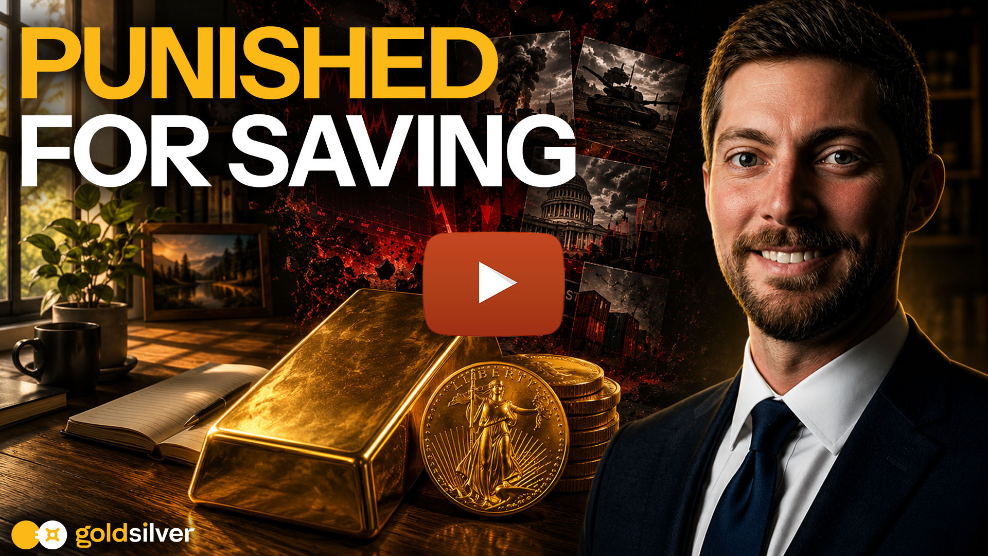 Why your savings lose value over time — GoldSilver video thumbnail showing gold bar, coins, and presenter Alan discussing how fiat currency punishes savers