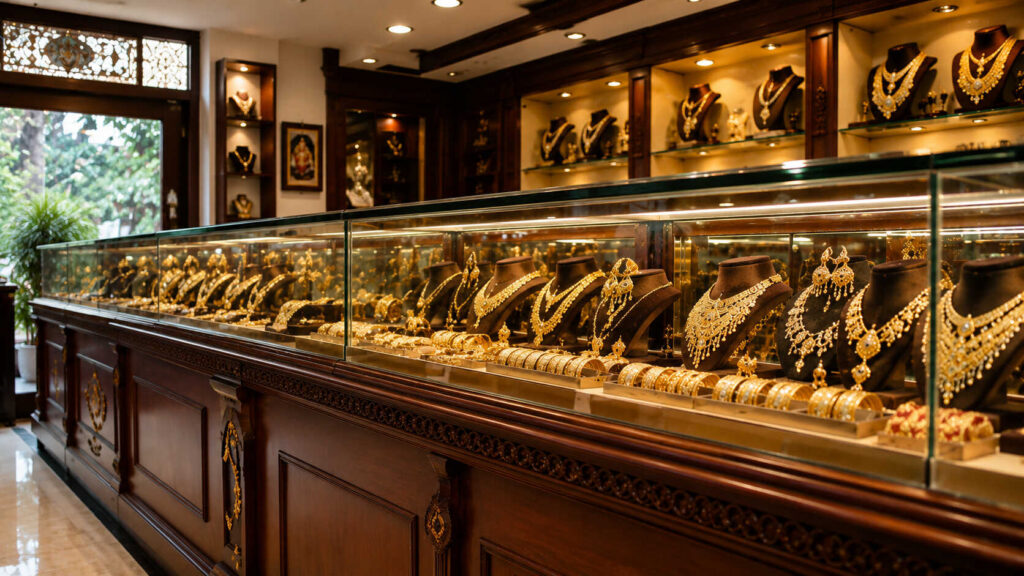 Interior of an Indian gold jewellery shop showing a long glass display case filled with ornate necklaces, bangles and earrings on dark velvet stands, with wall-mounted shelves of gold jewellery in the background