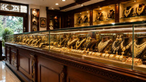 Interior of an Indian gold jewellery shop showing a long glass display case filled with ornate necklaces, bangles and earrings on dark velvet stands, with wall-mounted shelves of gold jewellery in the background