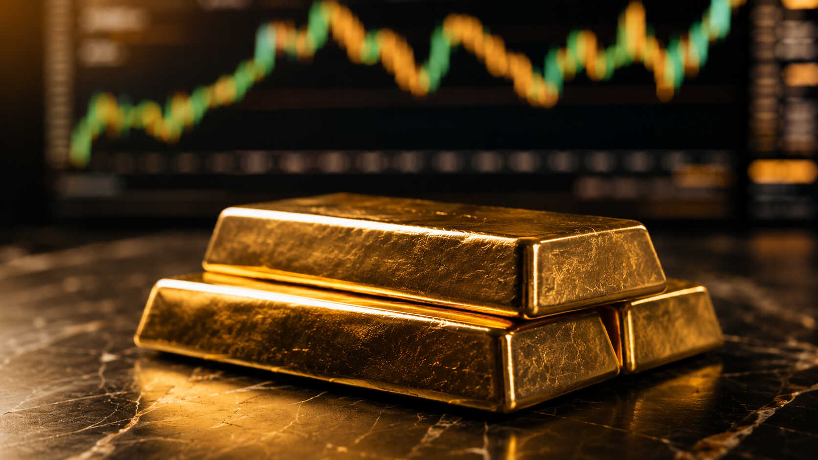 Gold bullion bars on dark marble surface with rising price chart, illustrating the Iran deal gold price impact and Fed rate cuts thesis
