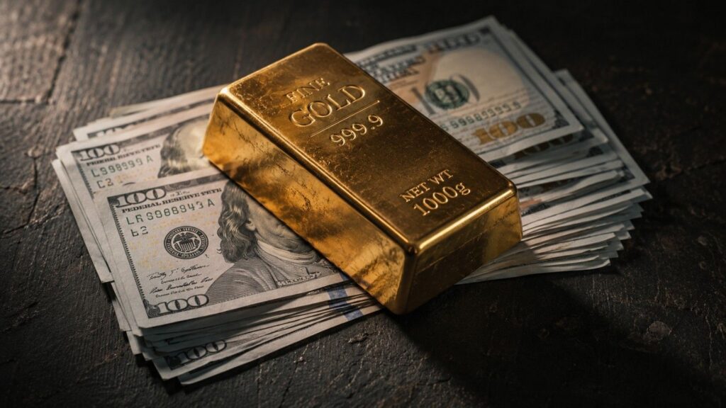Gold bar marked Fine Gold 999.9, 1000g resting on a stack of US hundred-dollar bills on a dark surface