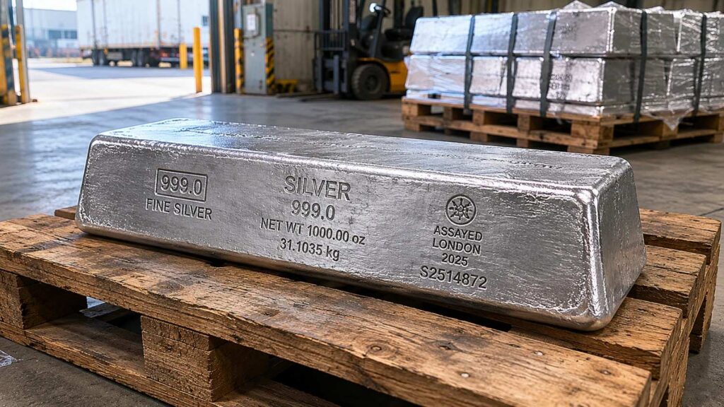 A 1,000-troy-ounce industrial silver bar stamped 999.0 fine silver, assayed in London, resting on a wooden pallet inside a commercial warehouse loading bay — illustrating the physical precious metals storage infrastructure at the center of the SILVER Act precious metals reform debate.