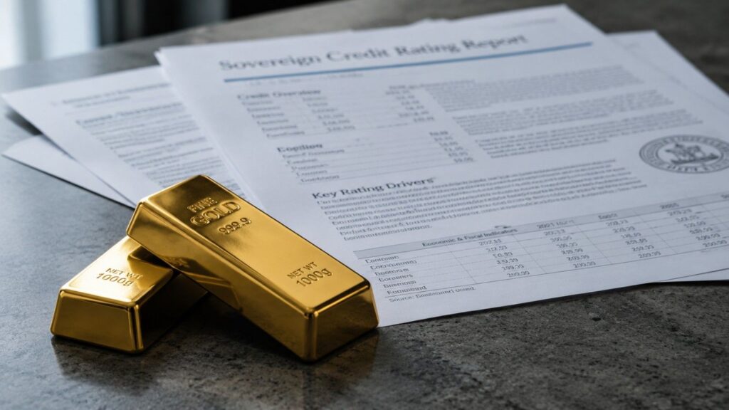 Two 1000g gold bars resting on a Sovereign Credit Rating Report on a grey granite surface, illustrating the relationship between US credit downgrade and gold prices