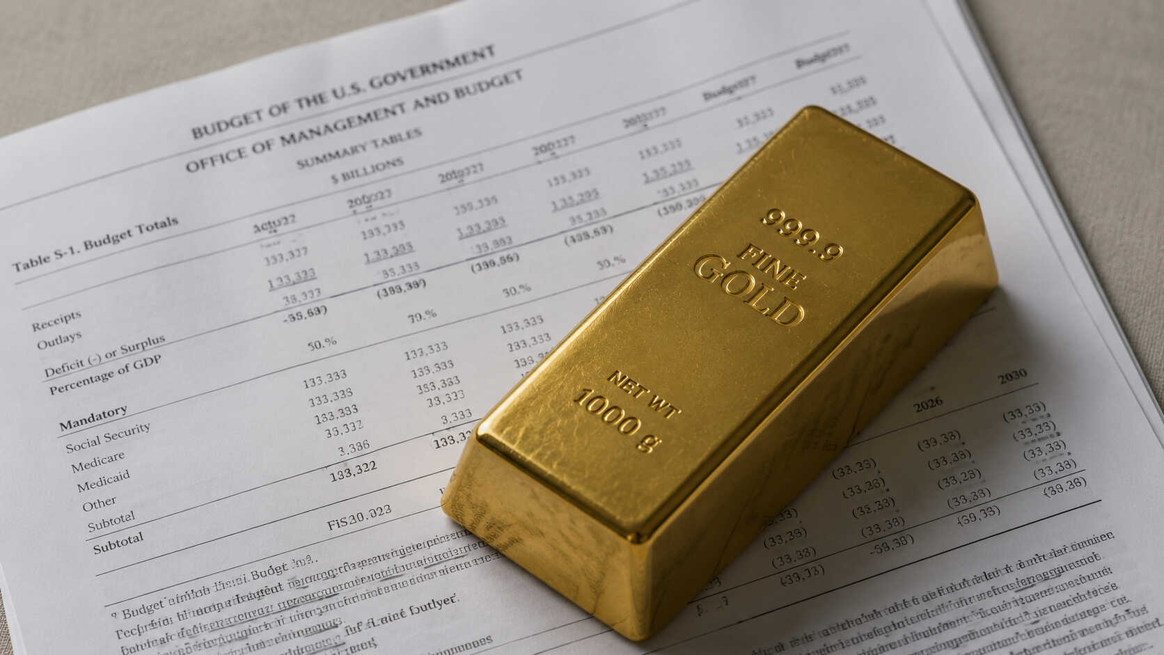 A 999.9 fine gold bar resting on a US government Budget of the United States document showing deficit, receipts, and outlays figures — illustrating US fiscal pressure and gold prices
