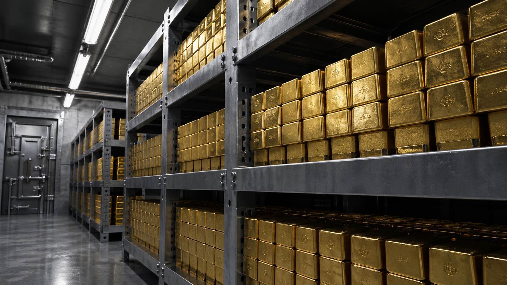 Gold bars stacked on metal shelving inside an institutional vault, illustrating record physical gold demand in Q1 2026